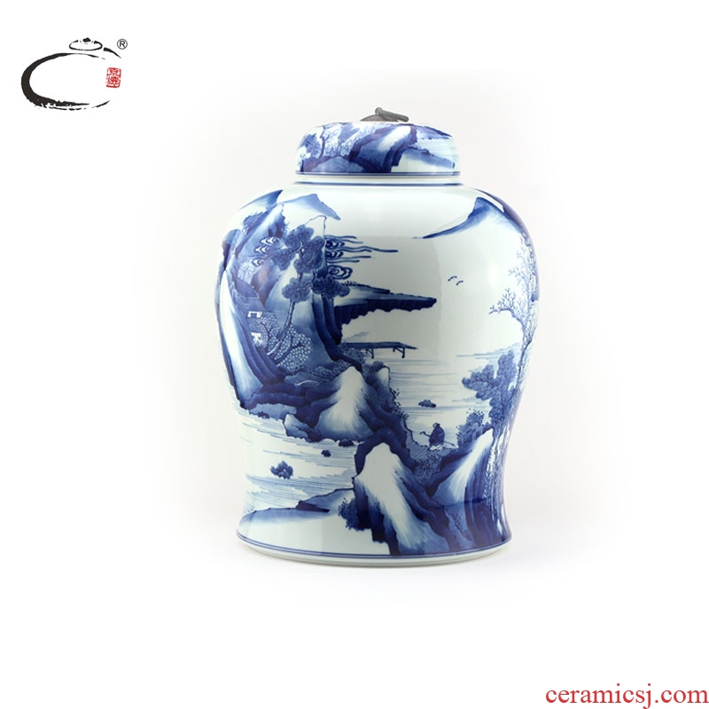 Blue and white kangxi and auspicious scenery caddy fixings jingdezhen ceramic large hand - made wake POTS sealed as cans of storage tank