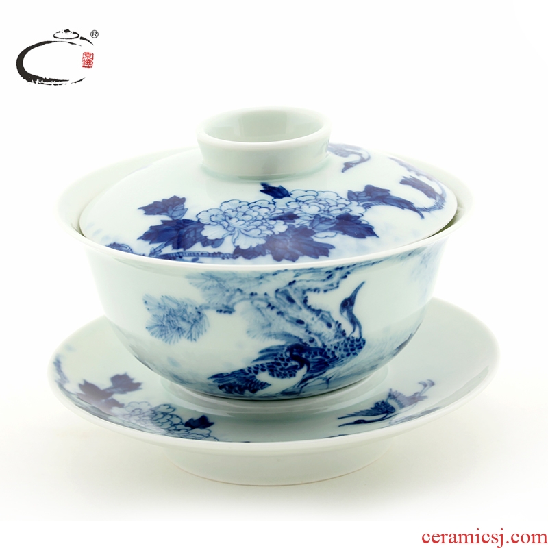 Jing DE treasure tureen tea cups and auspicious hand - made kung fu tea set of blue and white porcelain of jingdezhen ceramic bowl by hand