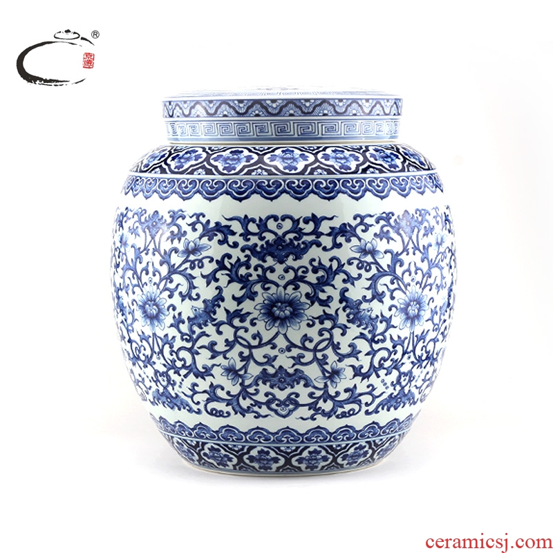 And auspicious jingdezhen blue And white large caddy fixings hand - made ceramic tea packaging gift boxes storage tank furnishing articles