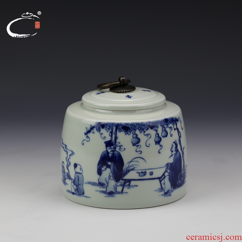 And auspicious figure tea caddy fixings jingdezhen blue And white porcelain is hand - made ceramic POTS awake sealed tank storage jar jar