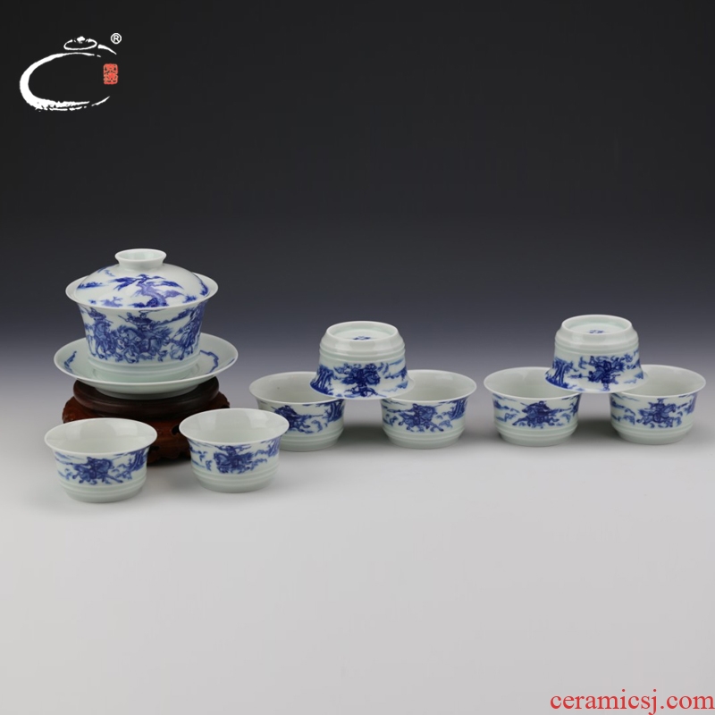 And auspicious jingdezhen blue three British war lyu3 bu4 tureen group hand - made ceramic kung fu tea tureen tea set