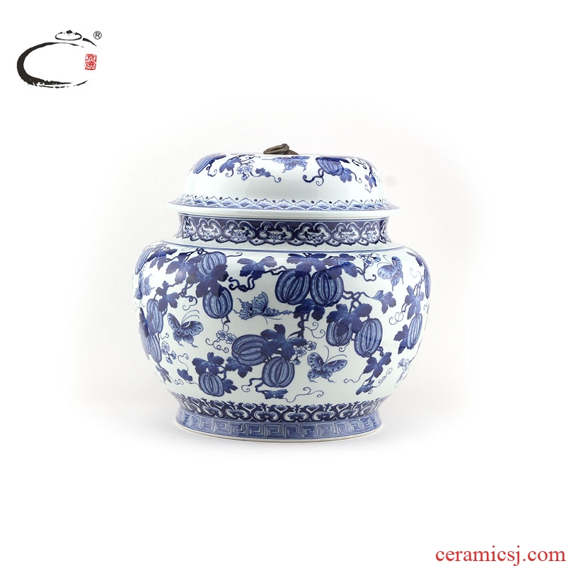 And auspicious large master of jingdezhen blue And white watermelon caddy fixings hand - made ceramic moistureproof tea packaging tea pot