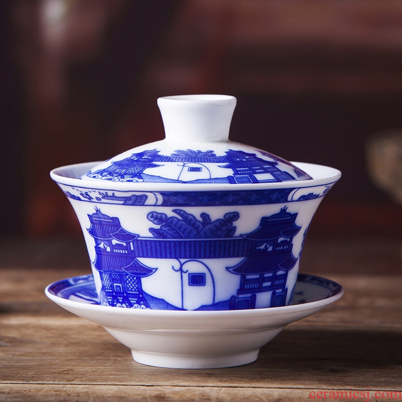 Jingdezhen tureen under glaze blue and white porcelain cups large tureen tea kungfu three bowls