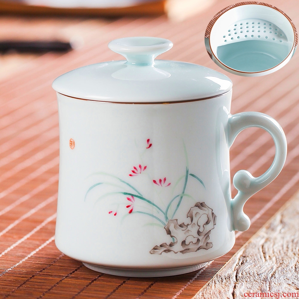Jingdezhen hand - made teacup shadow celadon with cover filter water cup gift cup home tea cup personal office