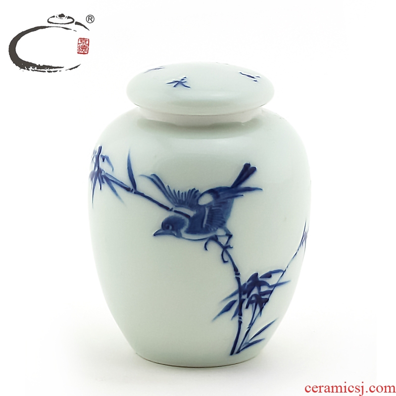 Jingdezhen blue and white bamboo and auspicious bird caddy fixings hand - made ceramic mini puer tea pot small seal storage tank