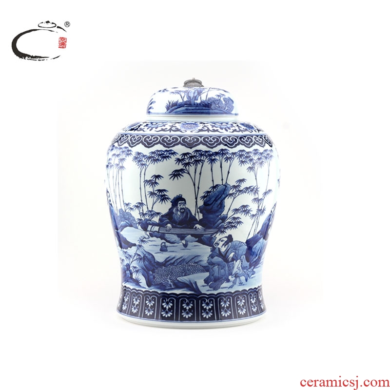 The Master of jingdezhen blue and white bamboo seven sages and auspicious caddy fixings hand - made seven loaves puer tea pot of tea packaging