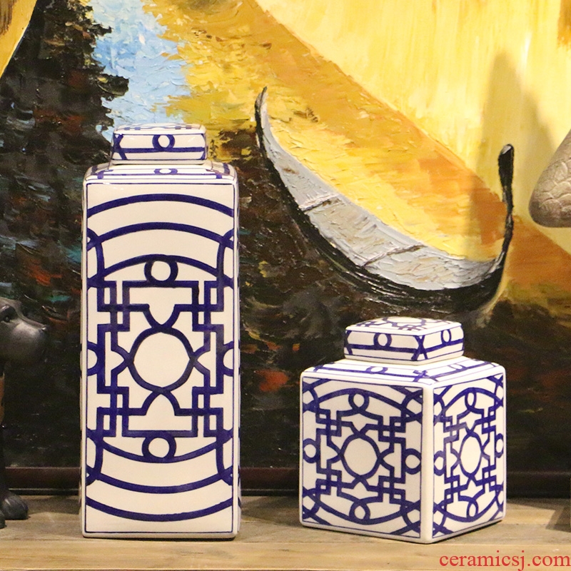 【 】 in the geometry space square canister two - piece modern Chinese ceramic storage tank household adornment furnishing articles
