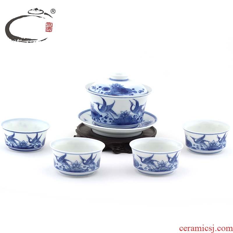 And auspicious jingdezhen blue And white cranes medium bowl set of hand - made of ceramic kung fu tea tureen of a complete set of sample tea cup