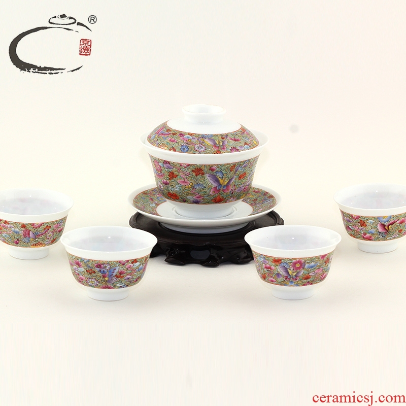And auspicious jing DE see butterfly medium bowl set of jingdezhen up hand - made ceramic kung fu tea set gift