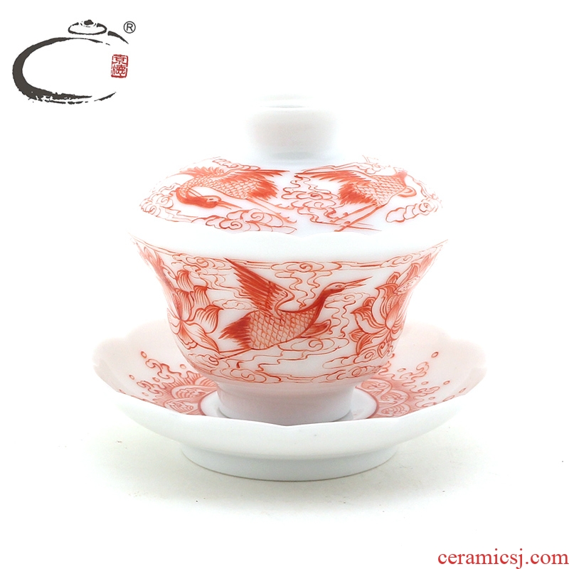 Red tureen tea cups and auspicious alum jingdezhen hand - made ceramic tea set sample tea cup manually pull embryo all three to the bowl