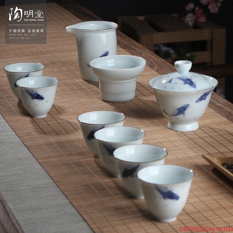 TaoMingTang blue and white porcelain tea sets ceramic kung fu tea set of pure hand - made teapot teacup make tea the whole household