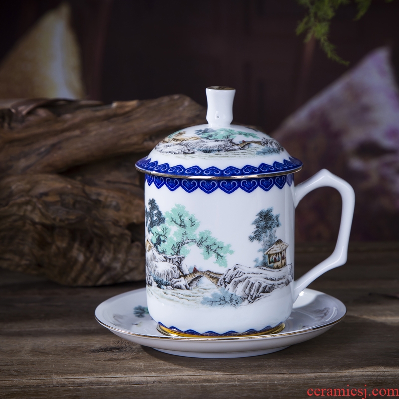 Jingdezhen ceramic cups three - piece band plate with cover cup cup boss office of blue and white porcelain cup