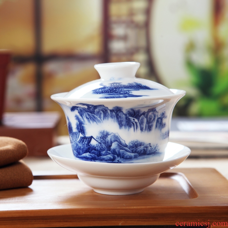 The Product jue jingdezhen ceramic kung fu tea tureen three blue and white porcelain bowl large tureen landscape make tea cup