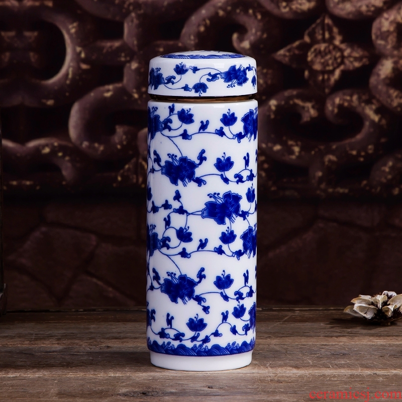 Jingdezhen ceramic double tank with cover insulation cup portable office blue and white porcelain cup tea cup gift mugs