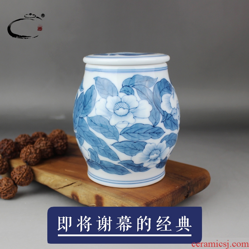 Jingdezhen blue and white trumpet caddy fixings and auspicious hand - made ceramic tea pot seal pot of tea packaging