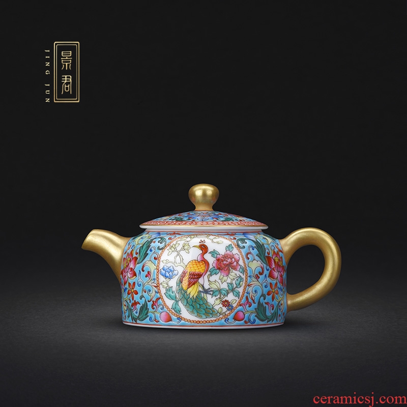 JingJun jingdezhen ceramic teapot tea kungfu hand - made blue medallion peacock enamel teapot full manual