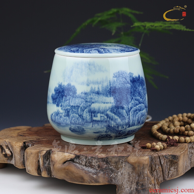 Beijing DE and auspicious jingdezhen blue and white clouds, all hand hand - made the ceramic tea canister landscape caddy fixings