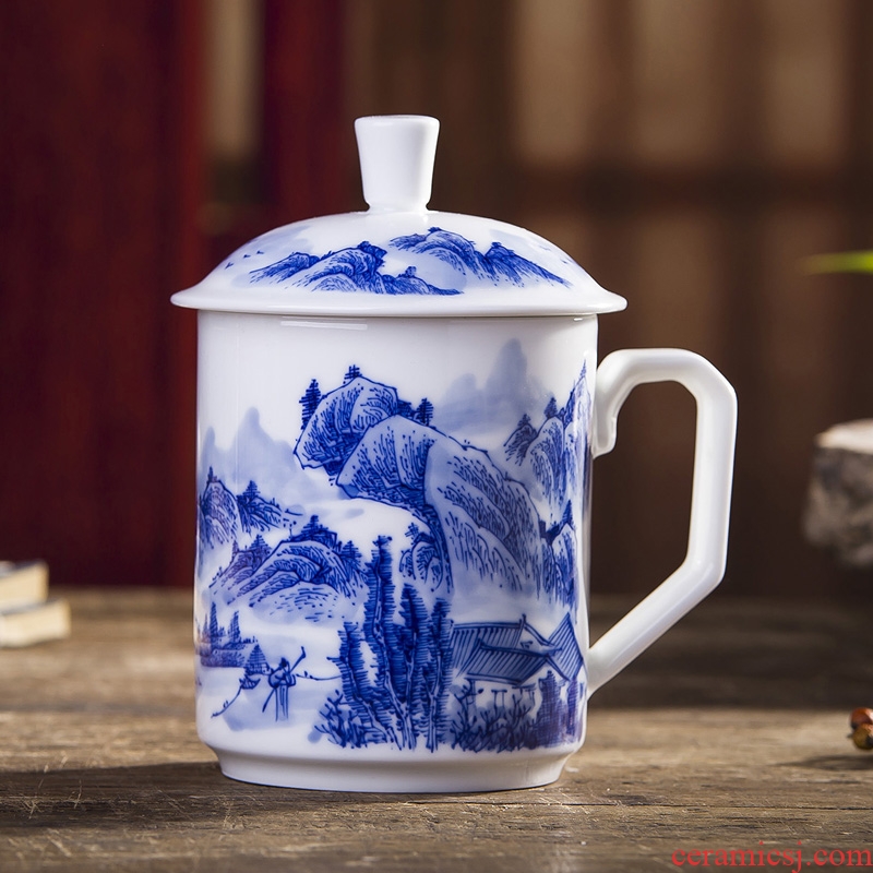 Jingdezhen porcelain hand - made with cover cup under the glaze color boss cup office tea cup double tea cup