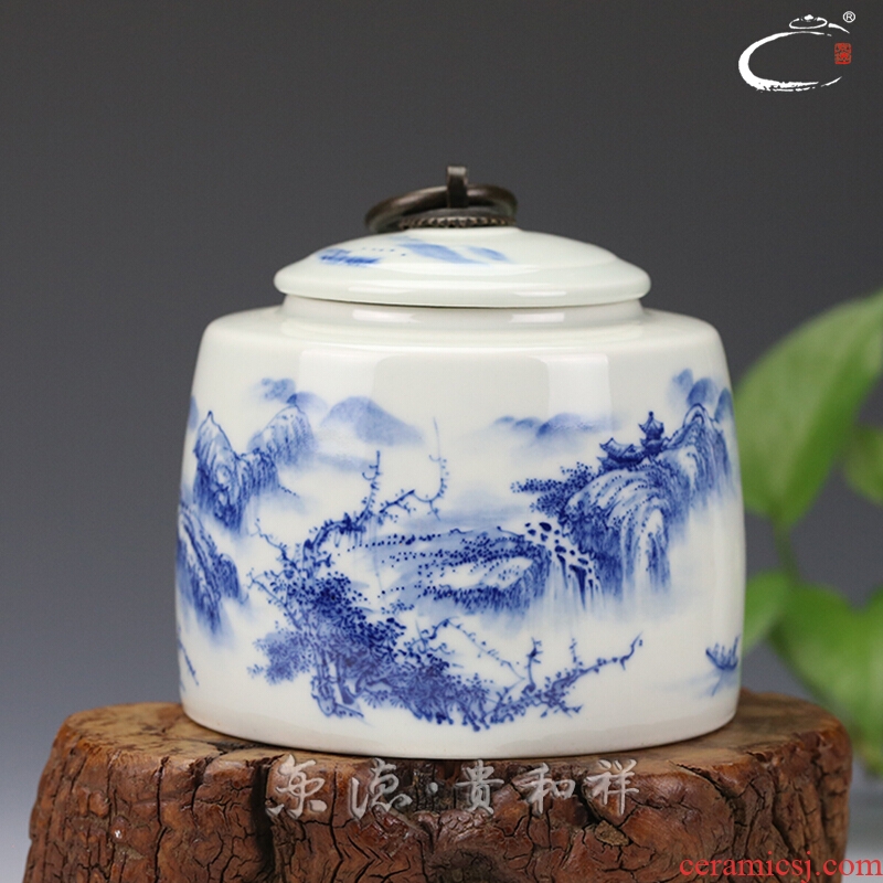 Jing DE and auspicious jingdezhen blue and white porcelain manual powder POTS of blue and white landscape pot of tea POTS box