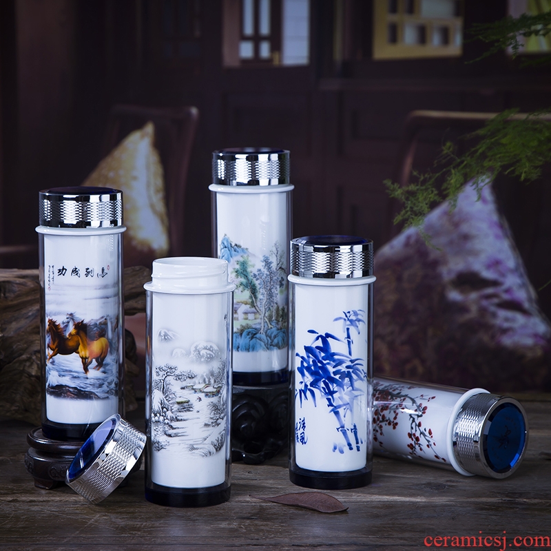 Jingdezhen ceramic tank vacuum cup double deck glass with cover portable blue and white porcelain teacup men and women