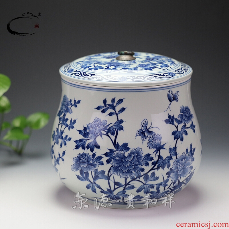 Jing DE and auspicious tea ware jingdezhen checking ceramic POTS awake all loose tea storage POTS of blue and white peony
