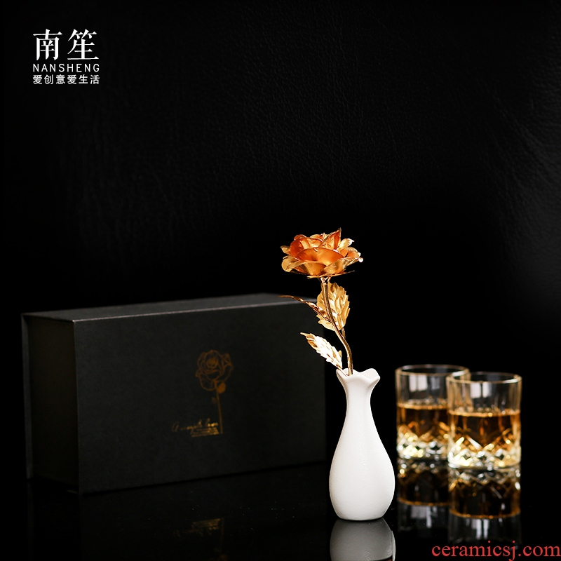 Nan sheng household act the role ofing is tasted furnishing articles simulation flower arranging golden rose ceramic floret bottle set creative mini gift box