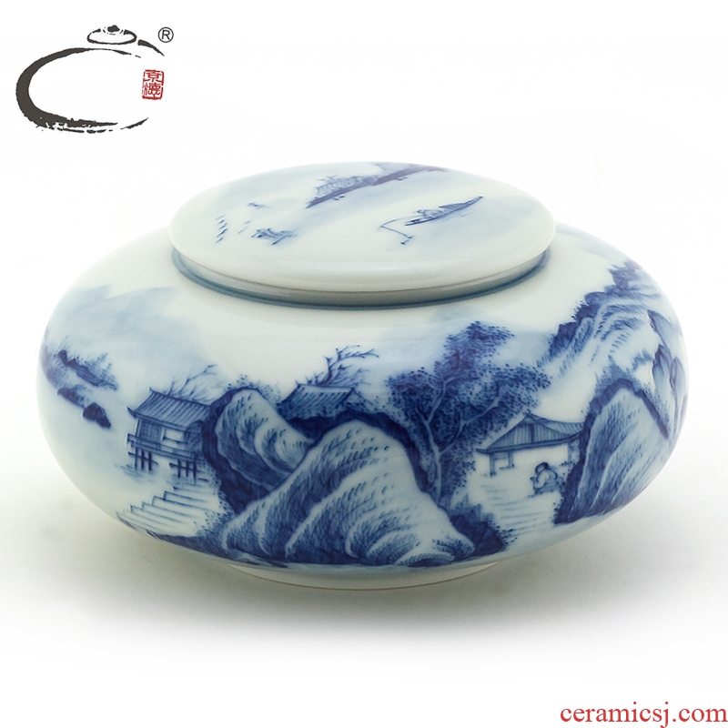 And auspicious jing DE collection jingdezhen blue And white painting landscape caddy fixings hand - made ceramic small seal pot POTS