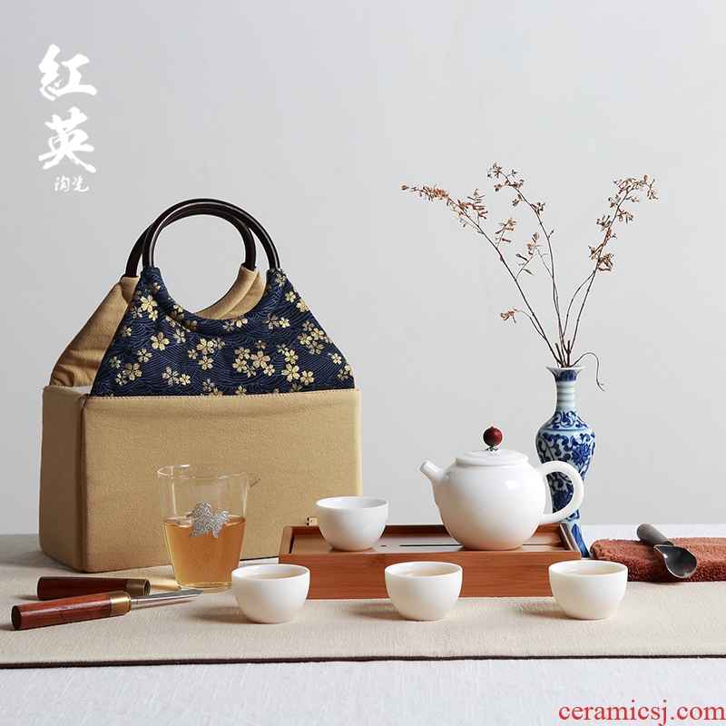 Red the jingdezhen ceramic suet jade white porcelain kung fu tea set contracted portable travel the teapot tea tray cups