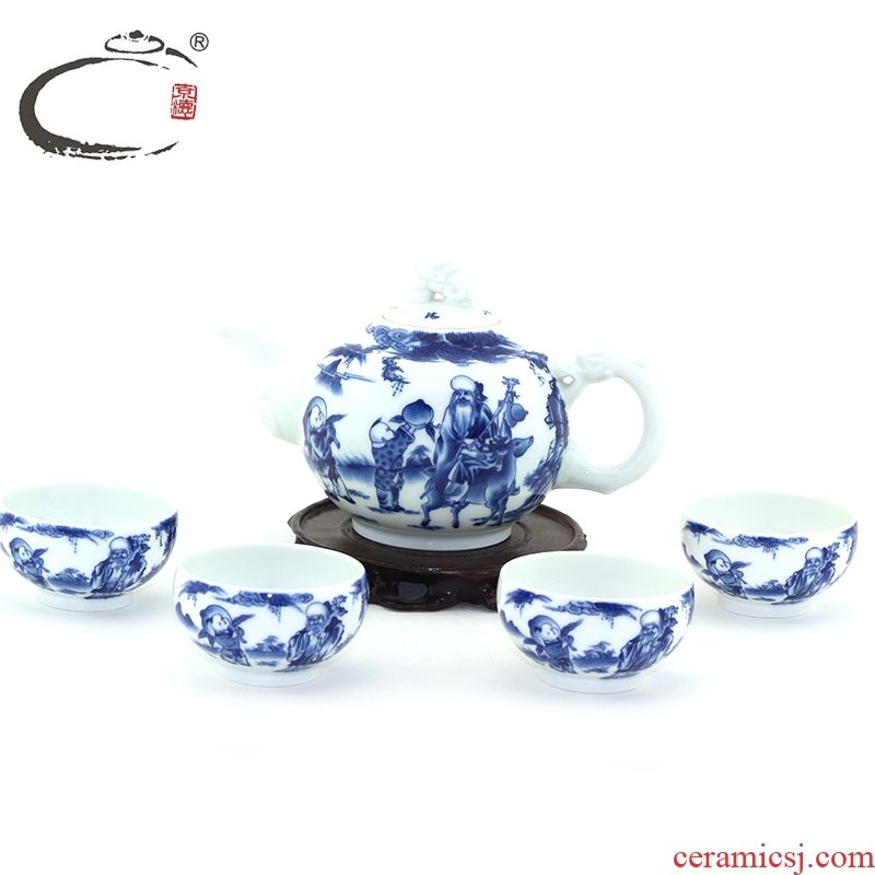 Blue and white life of samsung and auspicious pot set of jingdezhen hand - made ceramic kung fu tea cup teapot tea service of a complete set of suits for