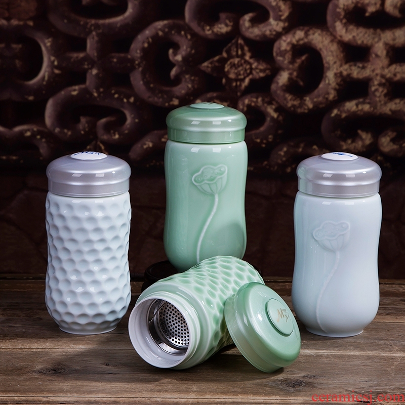 Jingdezhen ceramics with cup of men and women with cover filter cup celadon double car with ceramic tank