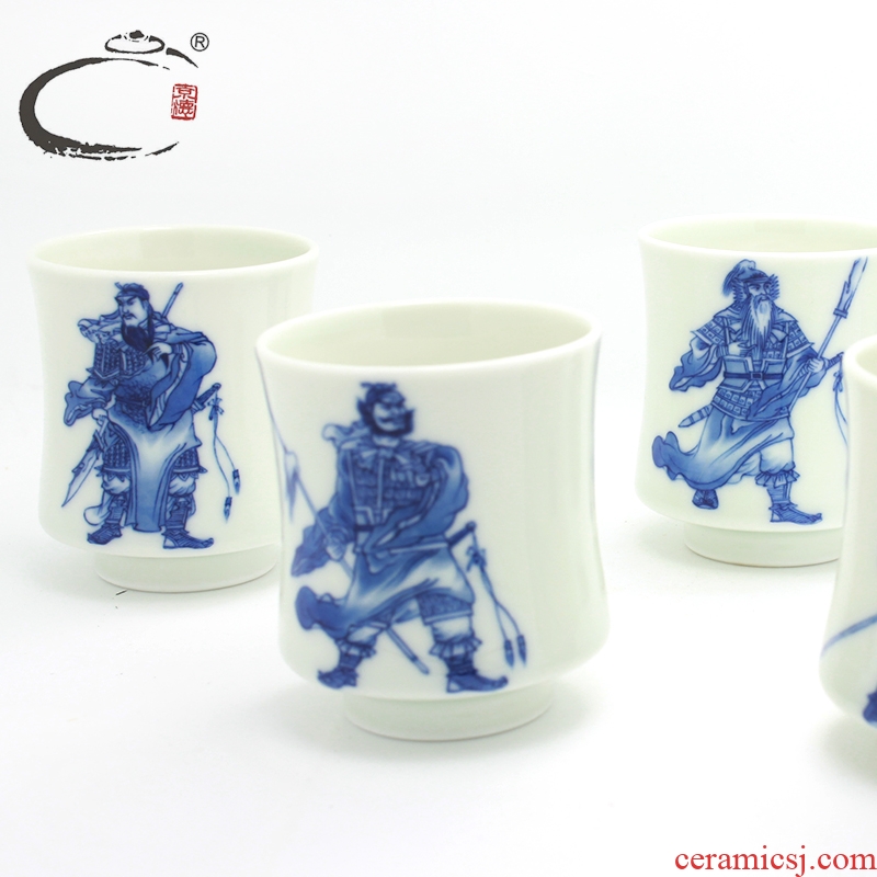 Jing DE and auspicious cups of blue and white five tiger general five cup item groups of jingdezhen master hand - made teacup