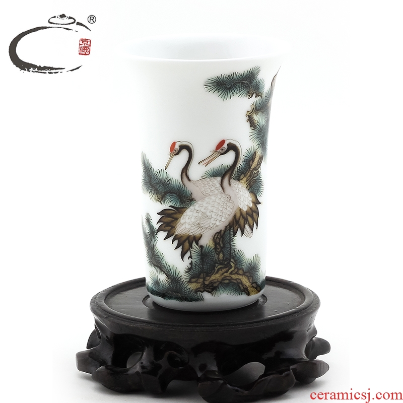 And auspicious jing DE famille rose, pine crane, longevity of jingdezhen ceramics by hand big sample tea cup kung fu tea master CPU