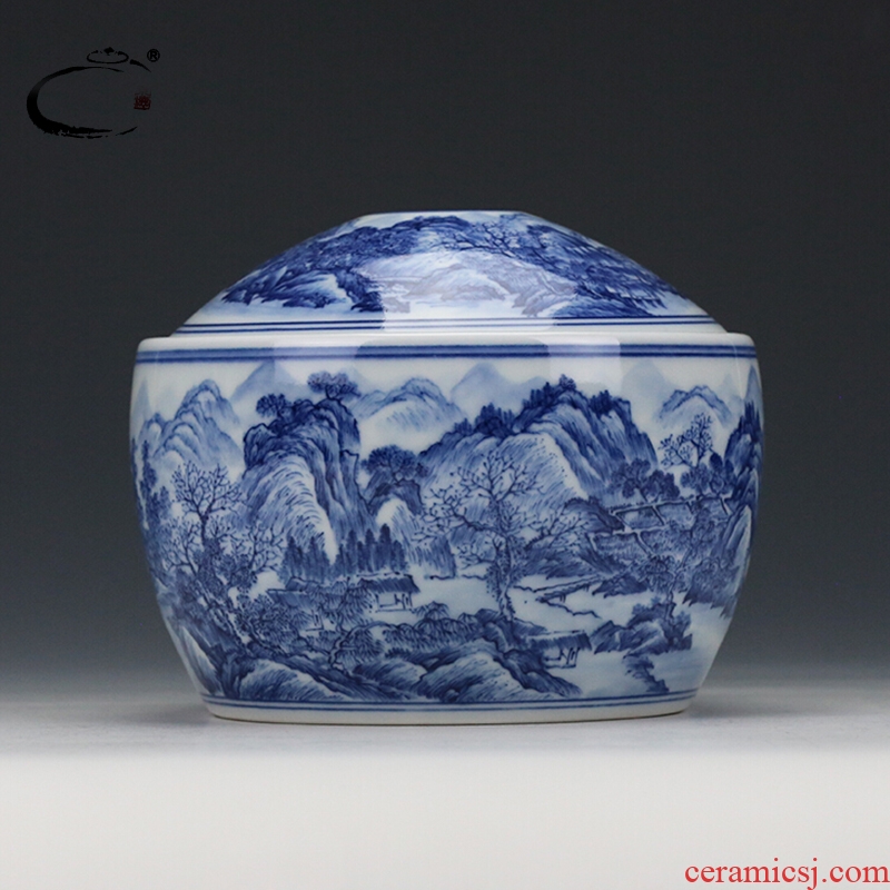 Beijing DE tea ware and auspicious checking ceramic POTS awake blue and white painting landscape caddy fixings receives stock POTS