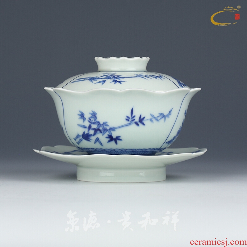 Beijing DE and auspicious tureen tea cup of jingdezhen ceramic tea bowl hand draw three blue and white porcelain bowl