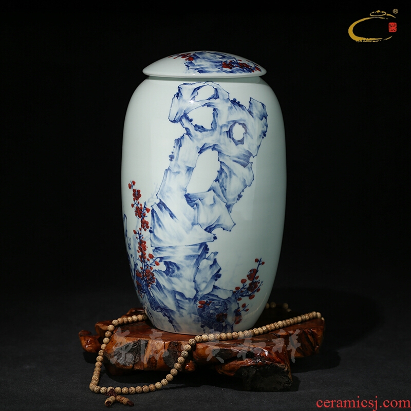 Jing DE and auspicious jingdezhen blue and white glair caddy fixings pure manual large tea packaging POTS