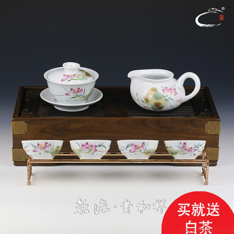 Beijing DE tea ware and auspicious jingdezhen hand - made ceramic kung fu tea set gift set variable pink lotus tureen group