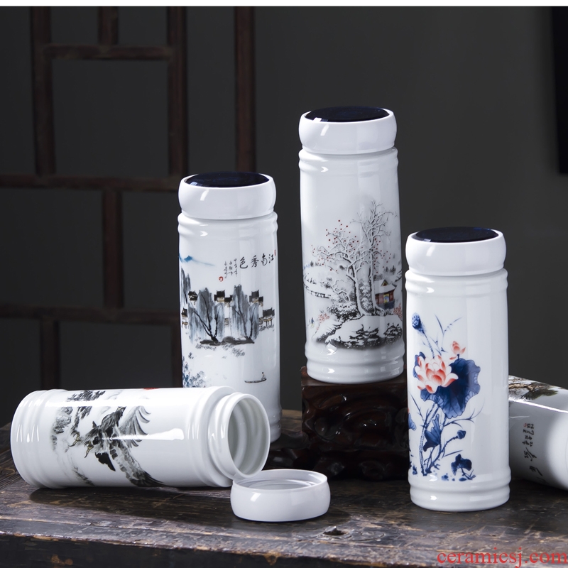 Jingdezhen ceramic double tank vacuum glass ceramic with cover portable blue and white porcelain cups for men and women