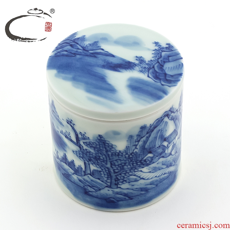 Jingdezhen blue and white landscape small caddy fixings and auspicious ceramics with mini seal pot wake receives storage tank