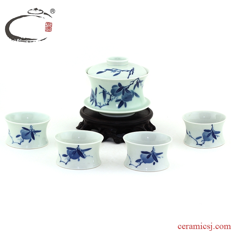 DE collection and auspicious Beijing peach tureen group of jingdezhen blue and white porcelain is hand - made kung fu tea tureen set of tea cups