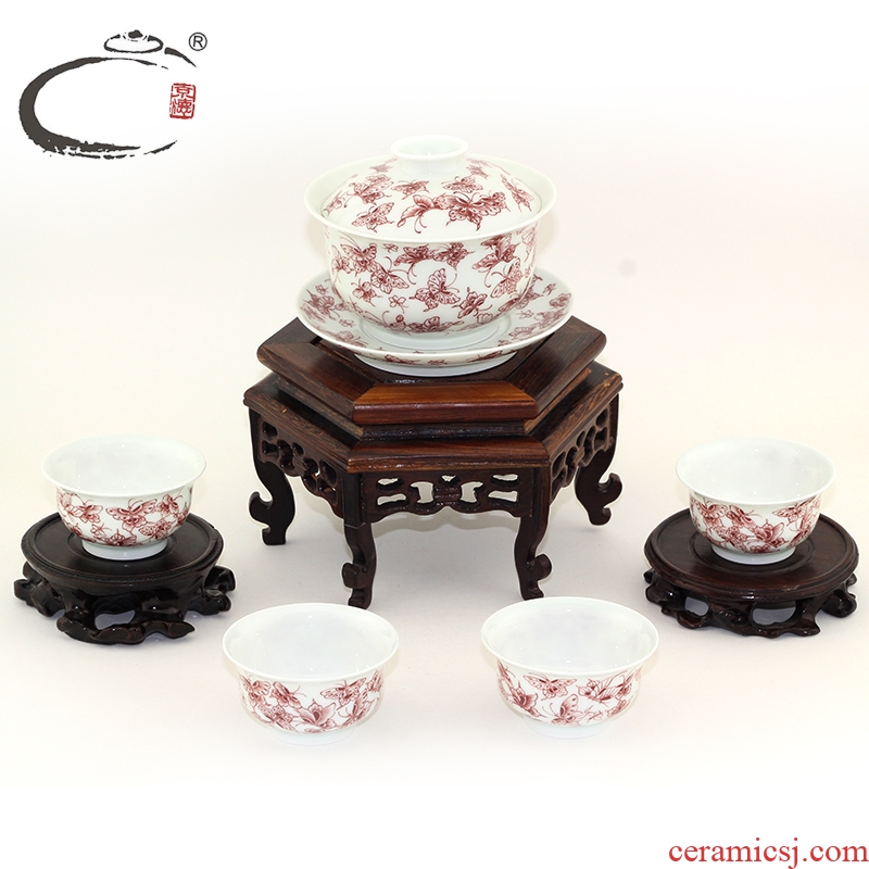 And auspicious youligong butterfly medium bowl set of jingdezhen manual hand - made ceramic gifts kung fu tureen tea cups