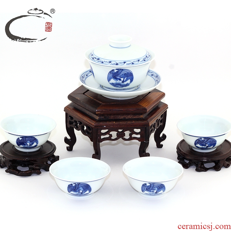 Heroic spirit and auspicious jing DE forever medium bowl group, a master of jingdezhen pure manual hand - made kung fu tea set