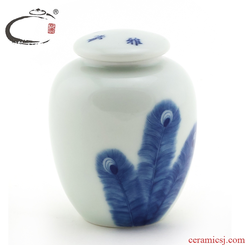 And auspicious jing DE collection hand - made jingdezhen blue And white chicken feather caddy fixings small portable mini wake tea POTS