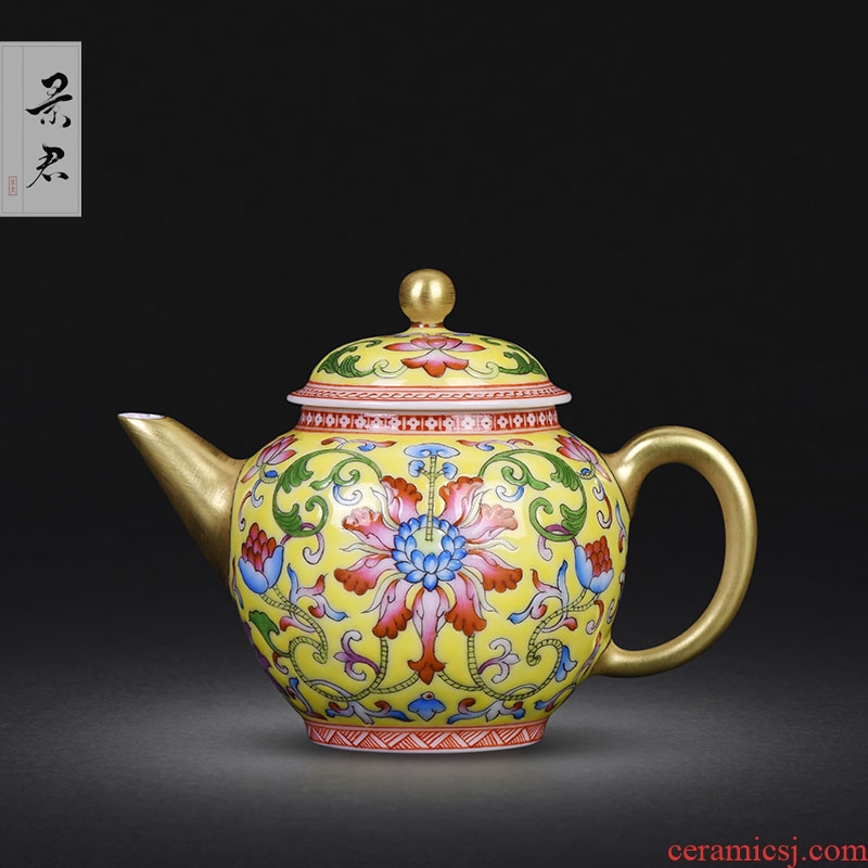Kung fu in jingdezhen ceramic teapot hand - made yellow colored enamel bound lotus flower grain teapot full manual single pot of tea
