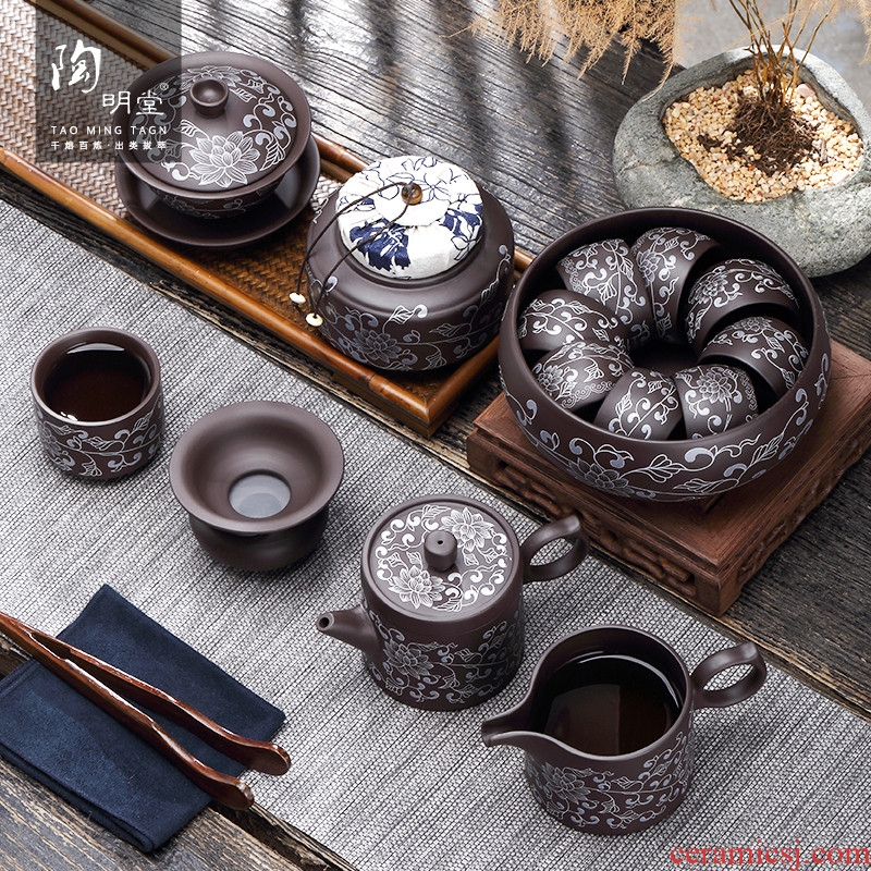 TaoMingTang violet arenaceous kung fu tea set suit household ceramic tea cup tea tea is a complete set of manually