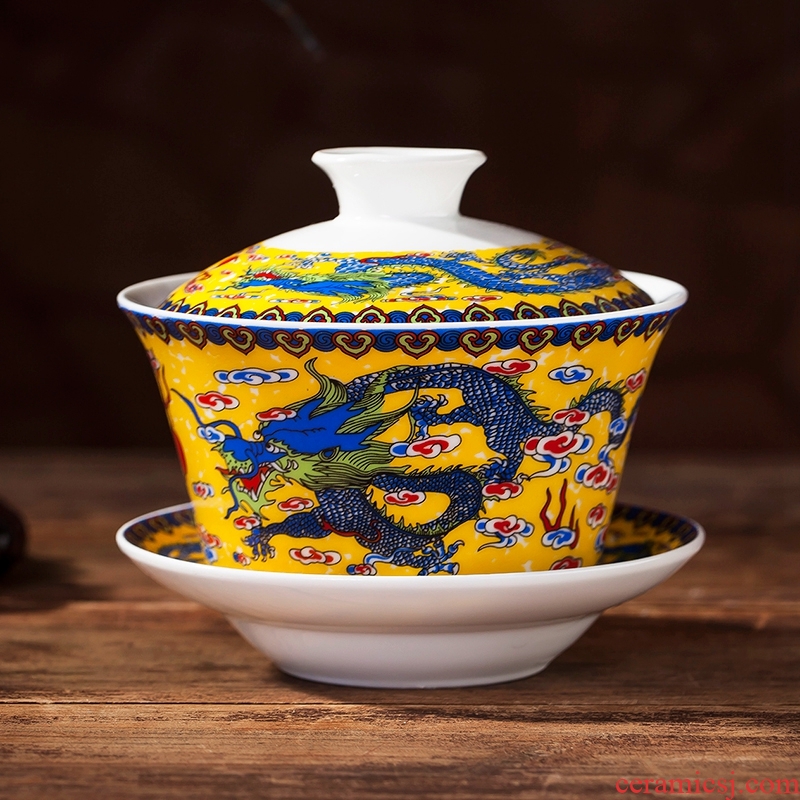 Jingdezhen tureen three cups to Huang Shuanglong tureen large blue and white cup tea tea bowl