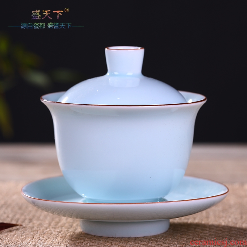 Shadow only three bowl of celadon green tureen jingdezhen ceramics cover cup kung fu tea tea cups, tea prepared handless small