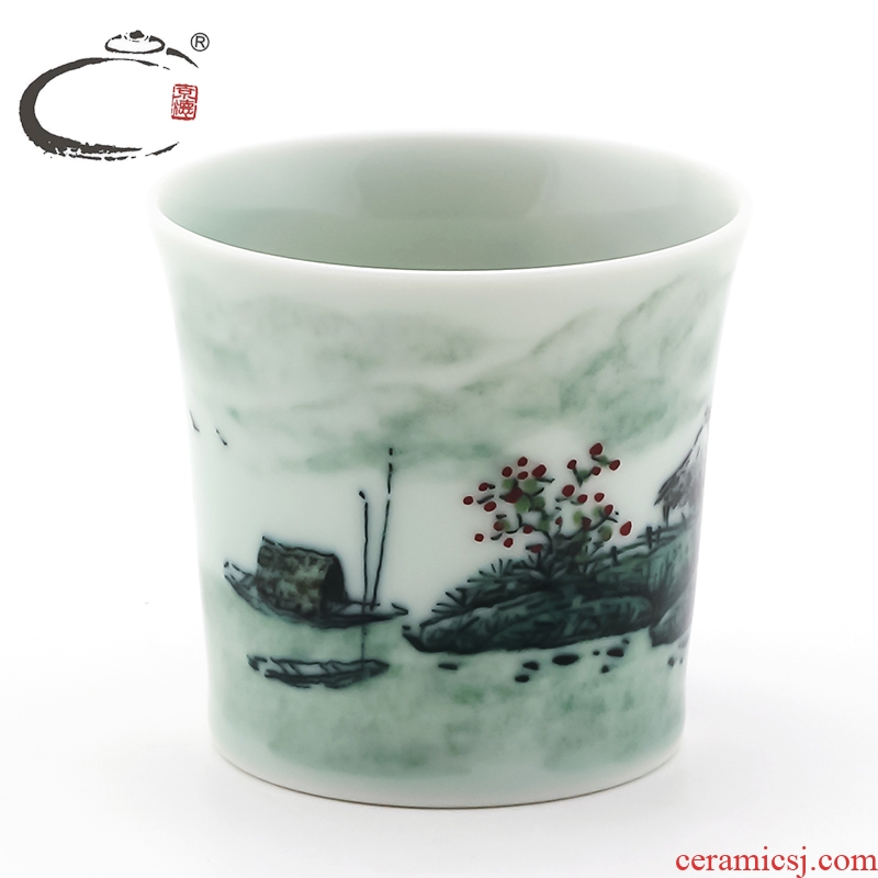 And auspicious color And blue And white porcelain cups cup sample tea cup beakers jing DE collection landscape green glaze cup