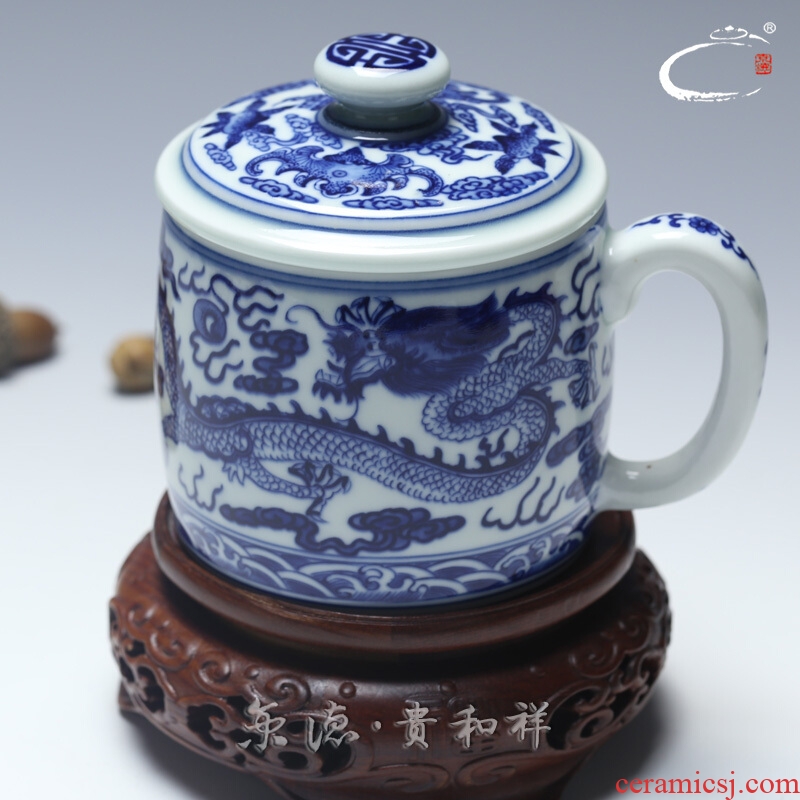 Hand - made porcelain and auspicious system office of jingdezhen ceramics by Hand the boss cup cup of green tea cups with cover cup