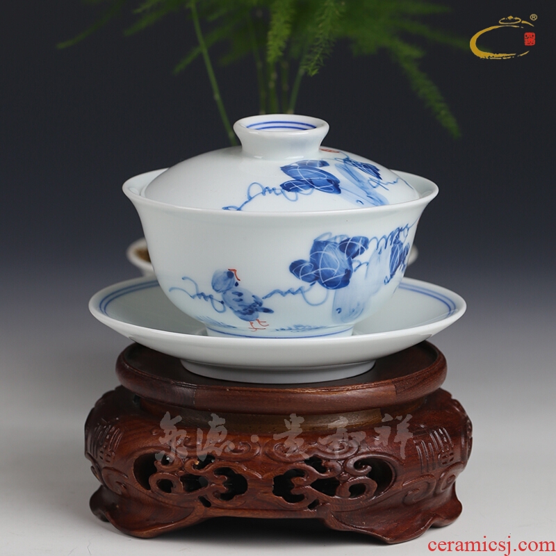 And auspicious three just tureen jingdezhen blue And white large hand - made ceramic kung fu tea set to bowl is archaize tureen cup