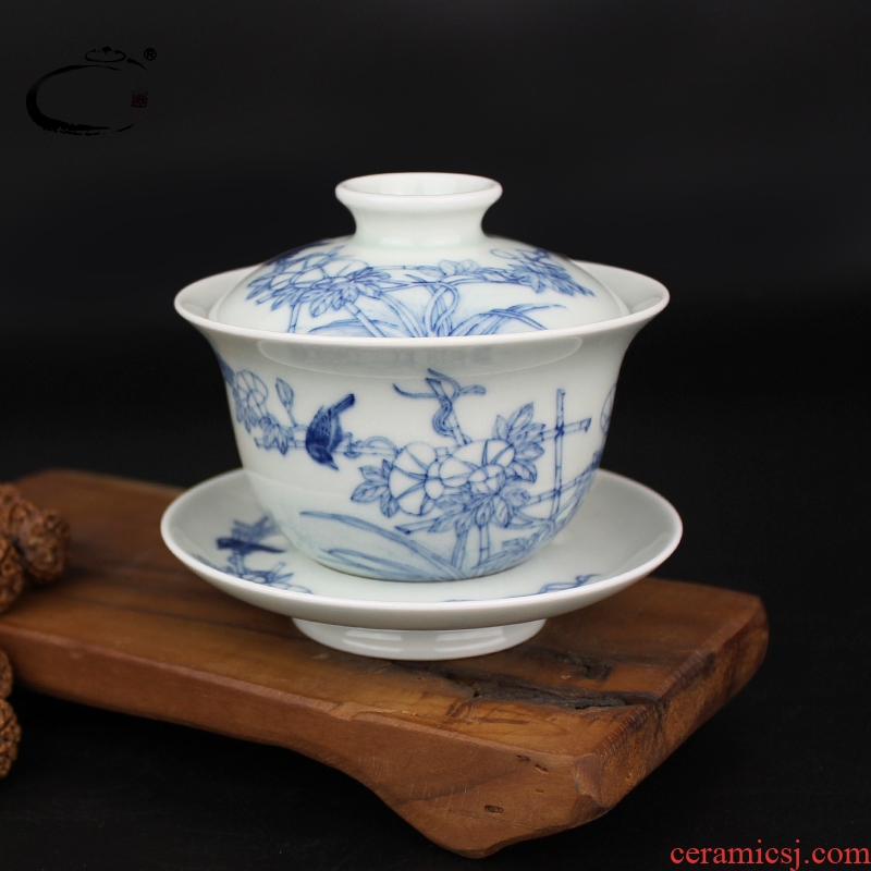 Beijing DE auspicious esteeming harmony manual hand - made tureen jingdezhen blue and white porcelain cups, ceramic kung fu tea tureen three bowls
